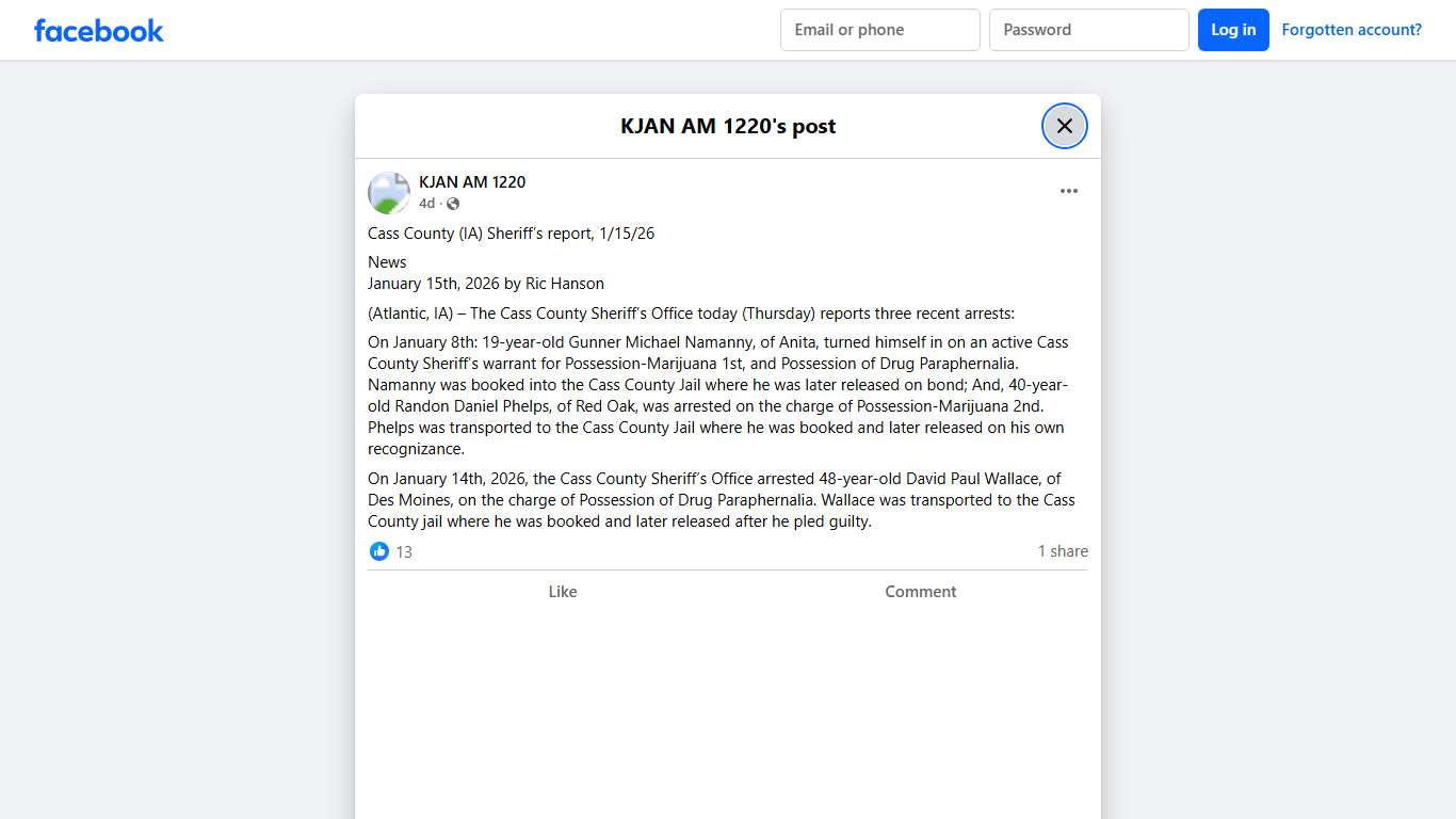 KJAN AM 1220 - Cass County (IA) Sheriff’s report, 1/15/26... | Facebook